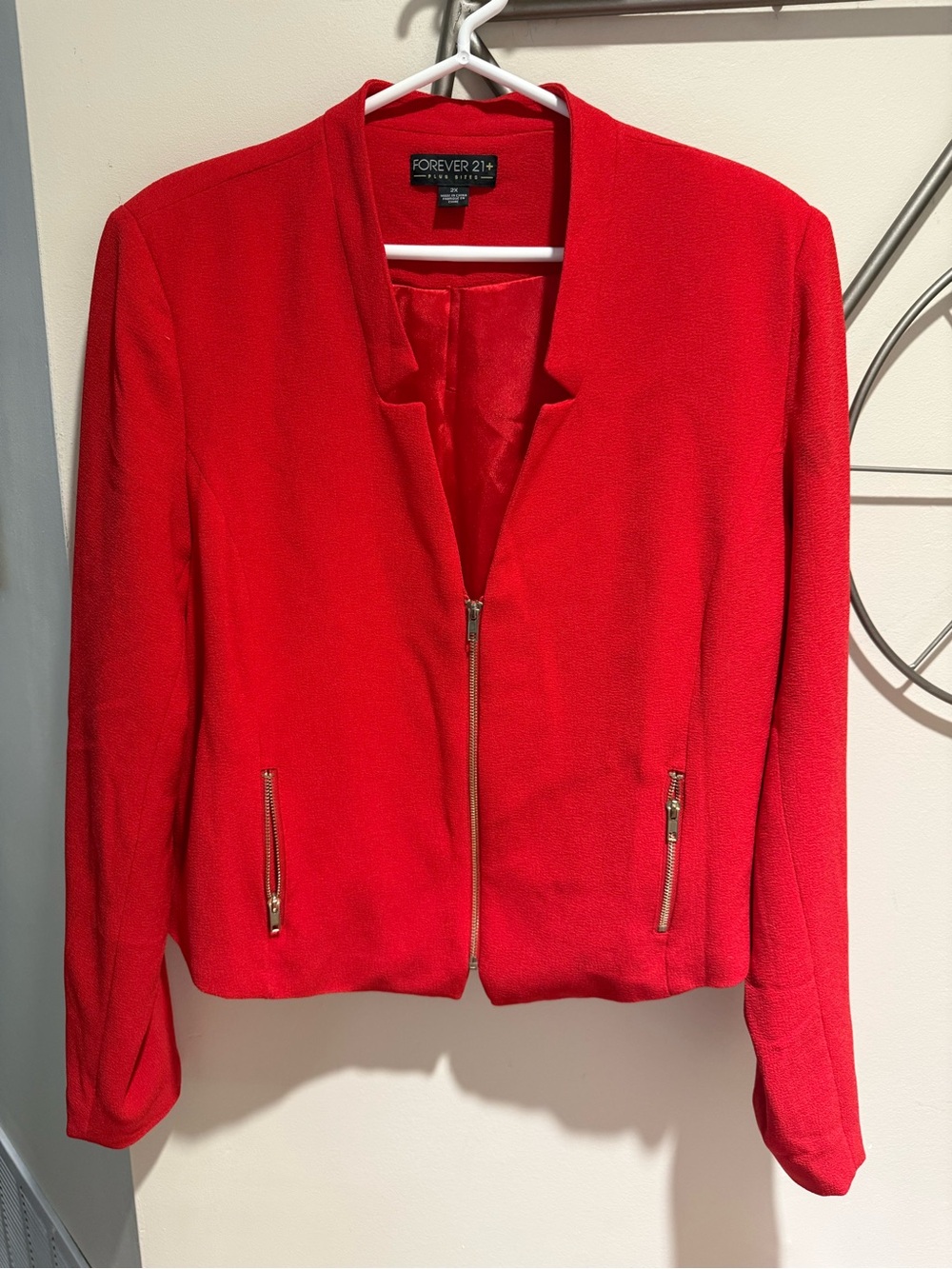 Forever 21+ Red Zip-Front Collarless Blazer Jacket Gold Hardware - Size 2X